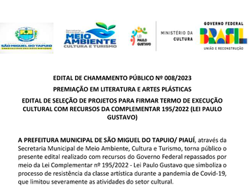 Lei Paulo Gustavo - EDITAL DE CHAMAMENTO PÚBLICO Nº 008/2023